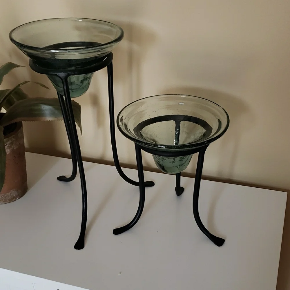 Green-tinted Glass Dishes & Black Metal Stands- Decor/ Candle Holders - Set Of 2